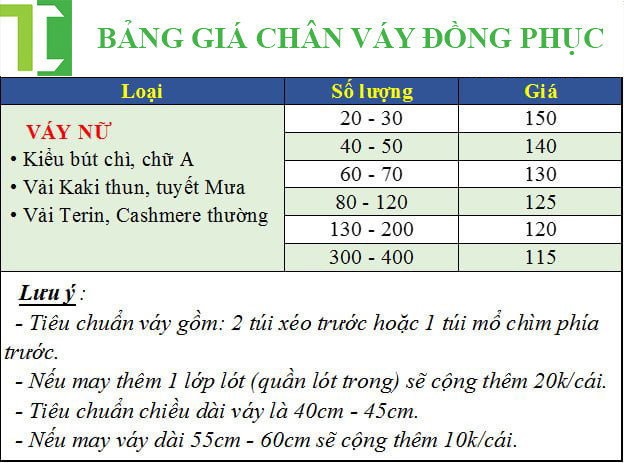 Bảng giá chân váy đồng phục công sở