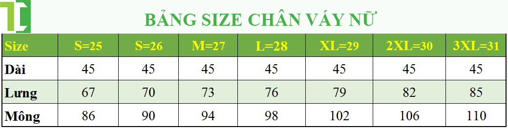 Bảng size chân váy đồng phục